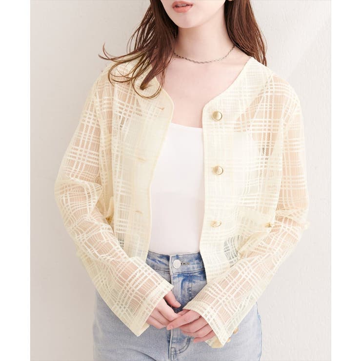 【natural couture】シアーチェックノーカラーショートジャケット | NICE CLAUP / OLIVE des OLIVE　OUTLET | 詳細画像18 