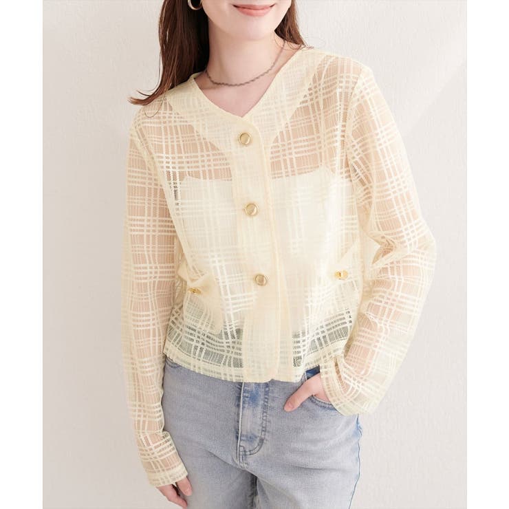 Lベージュ | 【natural couture】シアーチェックノーカラーショートジャケット | NICE CLAUP / OLIVE des OLIVE　OUTLET
