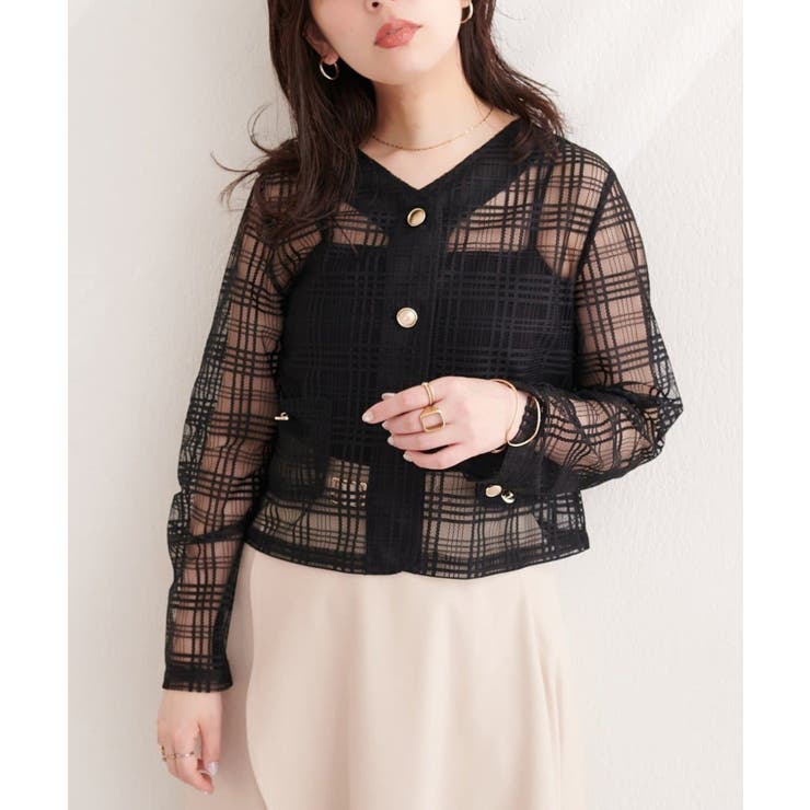 ブラック | 【natural couture】シアーチェックノーカラーショートジャケット | NICE CLAUP / OLIVE des OLIVE　OUTLET