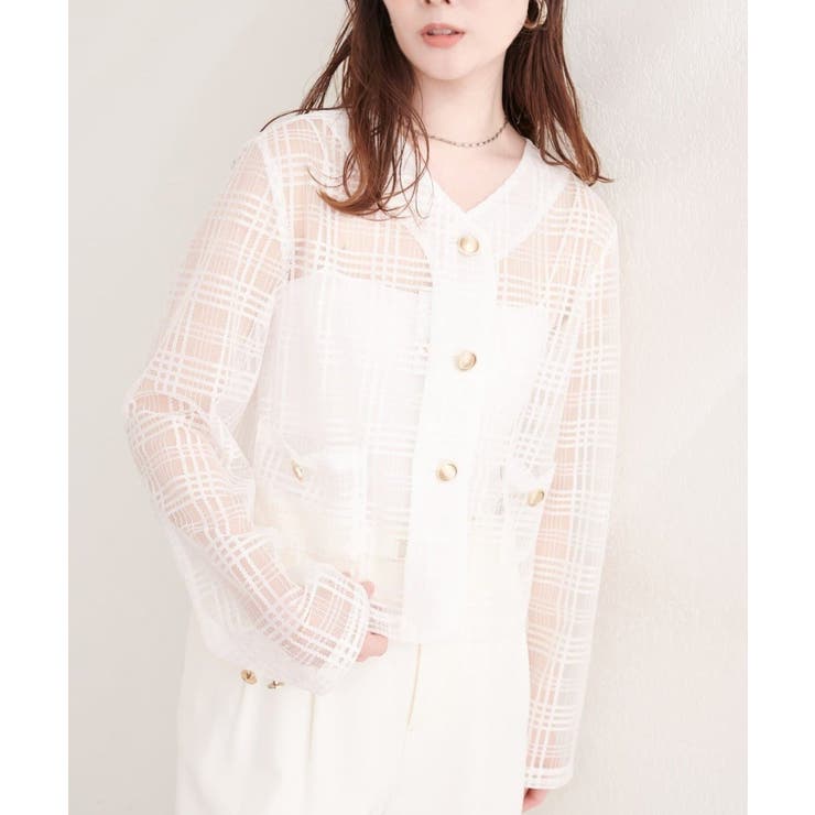 オフ | 【natural couture】シアーチェックノーカラーショートジャケット | NICE CLAUP / OLIVE des OLIVE　OUTLET