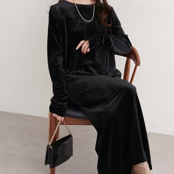 ブラック | 【natural couture】袖口シャーリングベロアワンピース | NICE CLAUP / OLIVE des OLIVE　OUTLET