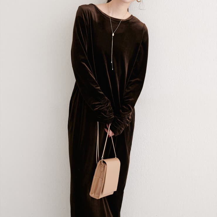 ブラウン | 【natural couture】袖口シャーリングベロアワンピース | NICE CLAUP / OLIVE des OLIVE　OUTLET