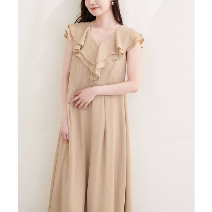 ベージュ | 【natural couture】フリルカラーノースリワンピース | NICE CLAUP / OLIVE des OLIVE　OUTLET