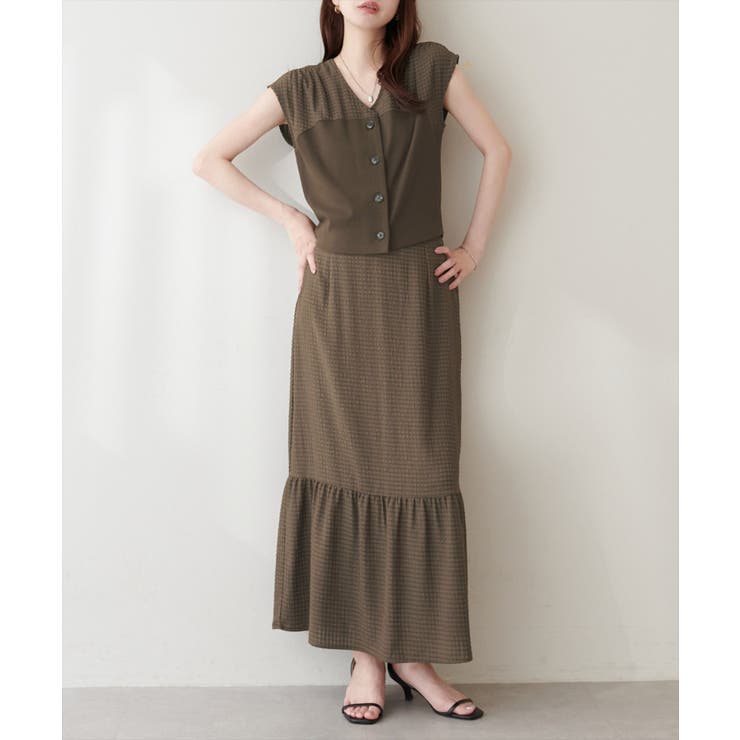 ブラウン | 【natural couture】リブ使いTOPS×ギャザー切り替えスカートSE… | NICE CLAUP / OLIVE des OLIVE　OUTLET