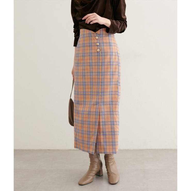 ベージュ系 | 【natural couture】デザイン釦ラップ風チェックスカート | NICE CLAUP / OLIVE des OLIVE　OUTLET