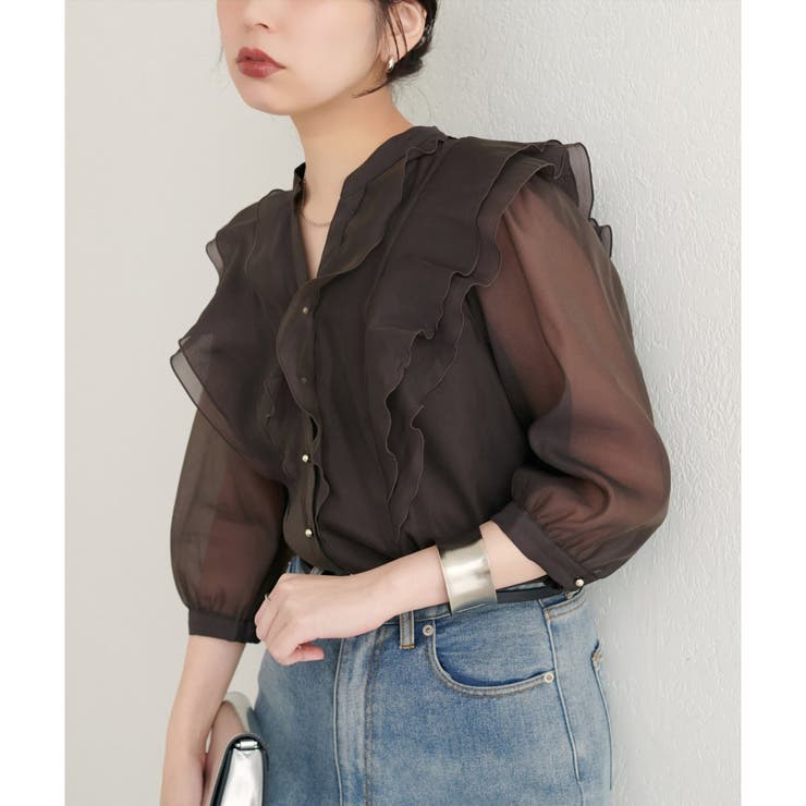 natural couture】ラッフルフリルキーネック7部袖ブラウス[品番