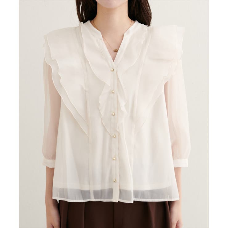 natural couture】ラッフルフリルキーネック7部袖ブラウス[品番