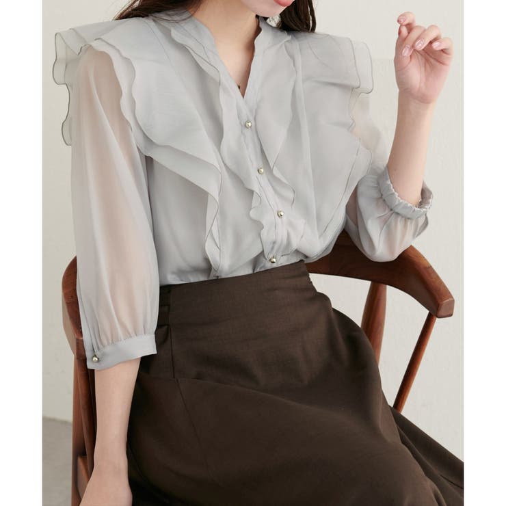 natural couture】ラッフルフリルキーネック7部袖ブラウス[品番