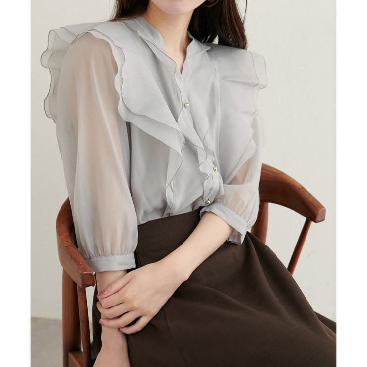 natural couture】ラッフルフリルキーネック7部袖ブラウス[品番