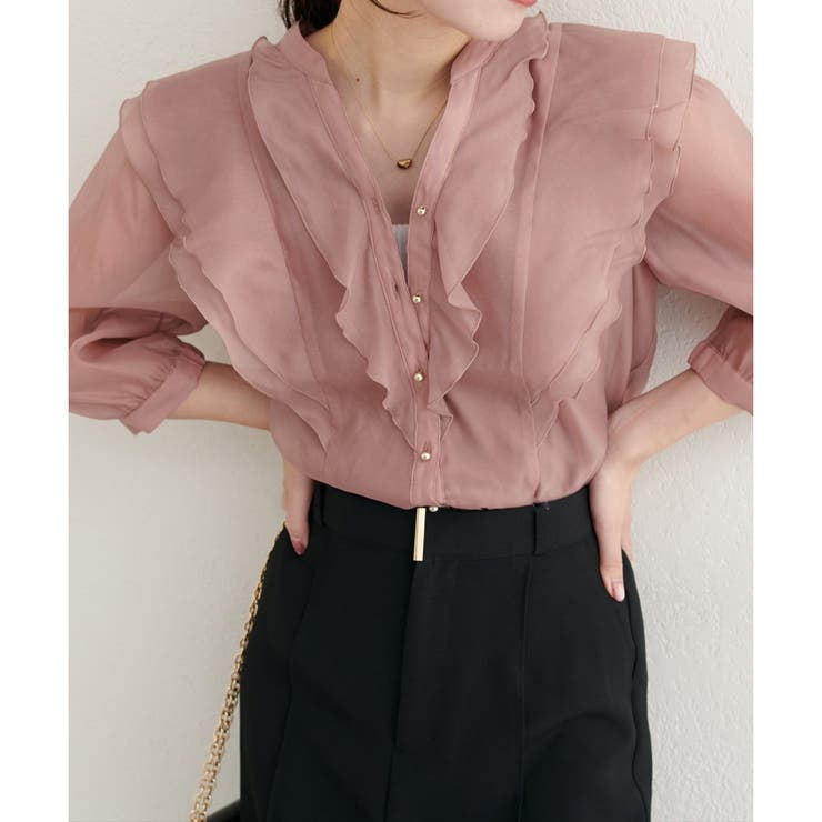 natural couture】ラッフルフリルキーネック7部袖ブラウス[品番