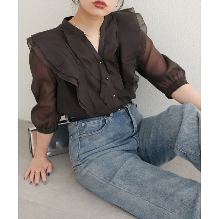 natural couture】ラッフルフリルキーネック7部袖ブラウス[品番