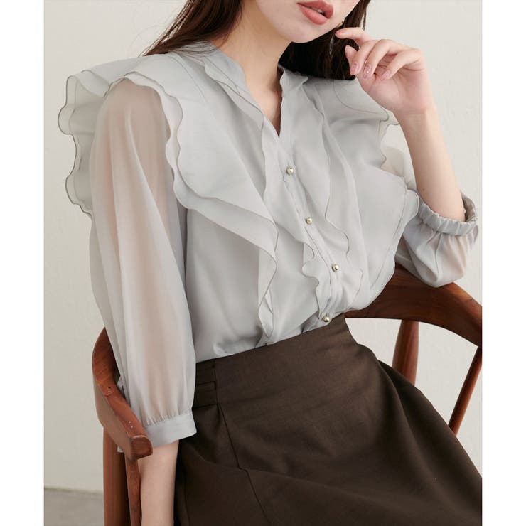natural couture】ラッフルフリルキーネック7部袖ブラウス[品番