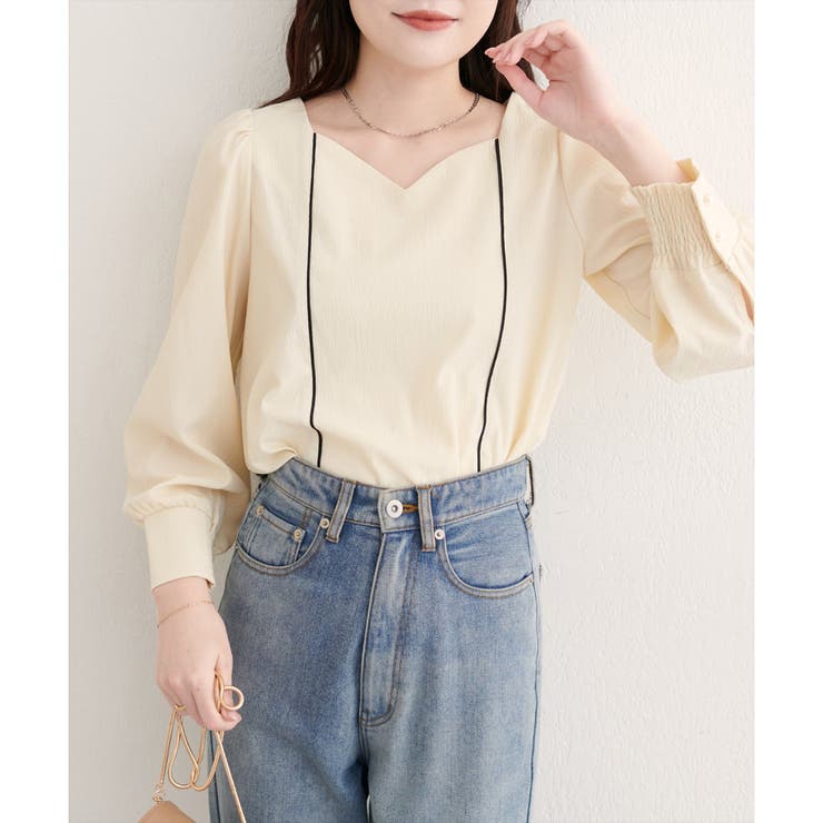 アイボリー | 【natural couture】ハートネックパイピング配色ブラウス | NICE CLAUP / OLIVE des OLIVE　OUTLET