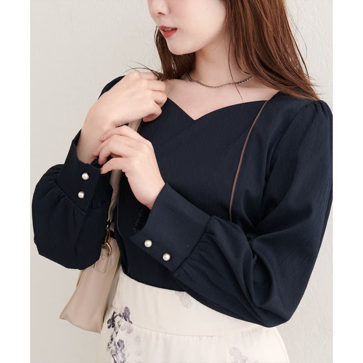 ネイビー | 【natural couture】ハートネックパイピング配色ブラウス | NICE CLAUP / OLIVE des OLIVE　OUTLET