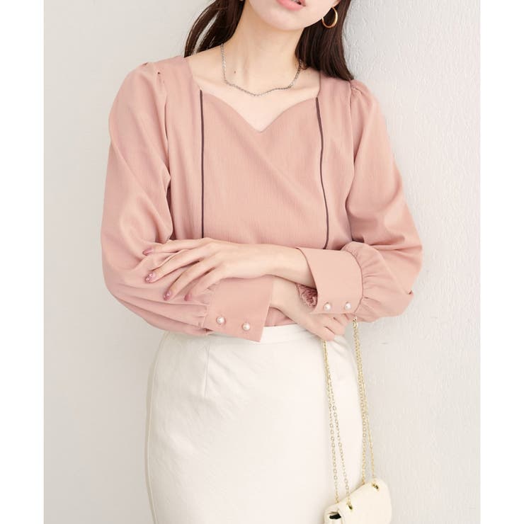 ピンク | 【natural couture】ハートネックパイピング配色ブラウス | NICE CLAUP / OLIVE des OLIVE　OUTLET