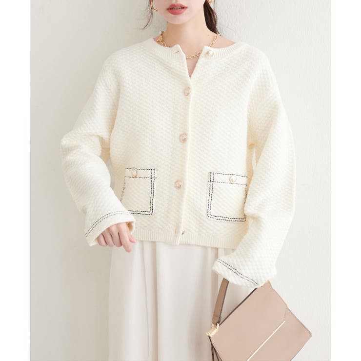 natural couture】配色ステッチ入りニットジャケット[品番