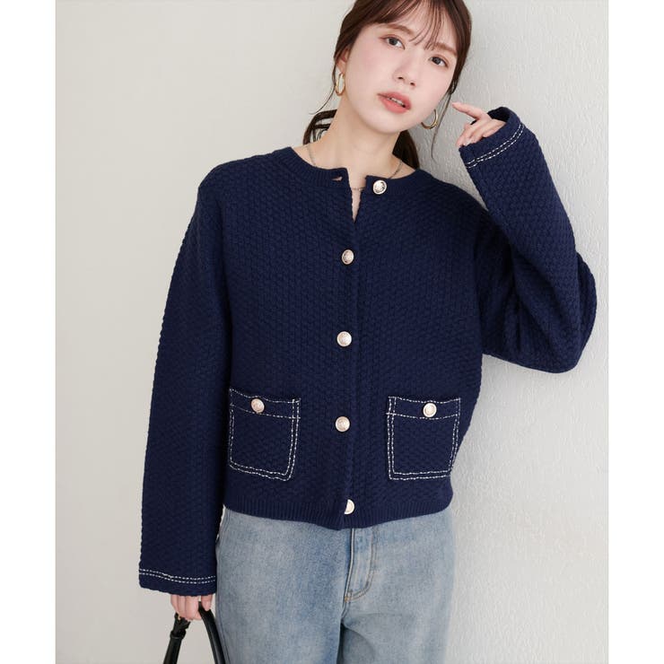 courrèges ノーカラー ジップアップ ニット ジャケット ネイビー courrèges ノーカラー ジップアップ ニット ジャケット ネイビー