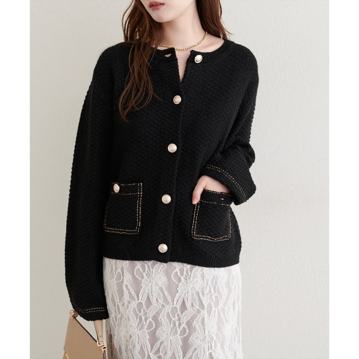 ブラック | 【natural couture】配色ステッチ入りニットジャケット | NICE CLAUP / OLIVE des OLIVE　OUTLET