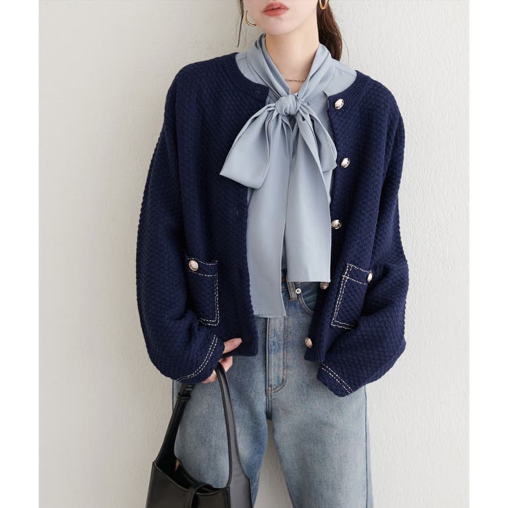 ネイビー | 【natural couture】配色ステッチ入りニットジャケット | NICE CLAUP / OLIVE des OLIVE　OUTLET