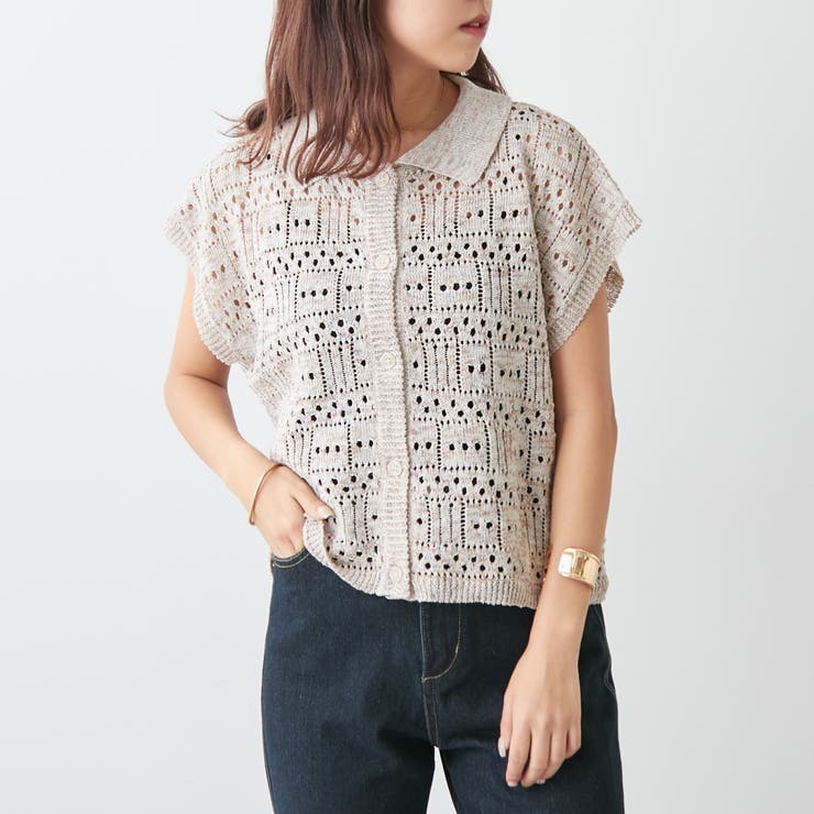 ブラウン | ラメ入りコットンリネンポロニット | NICE CLAUP / OLIVE des OLIVE　OUTLET
