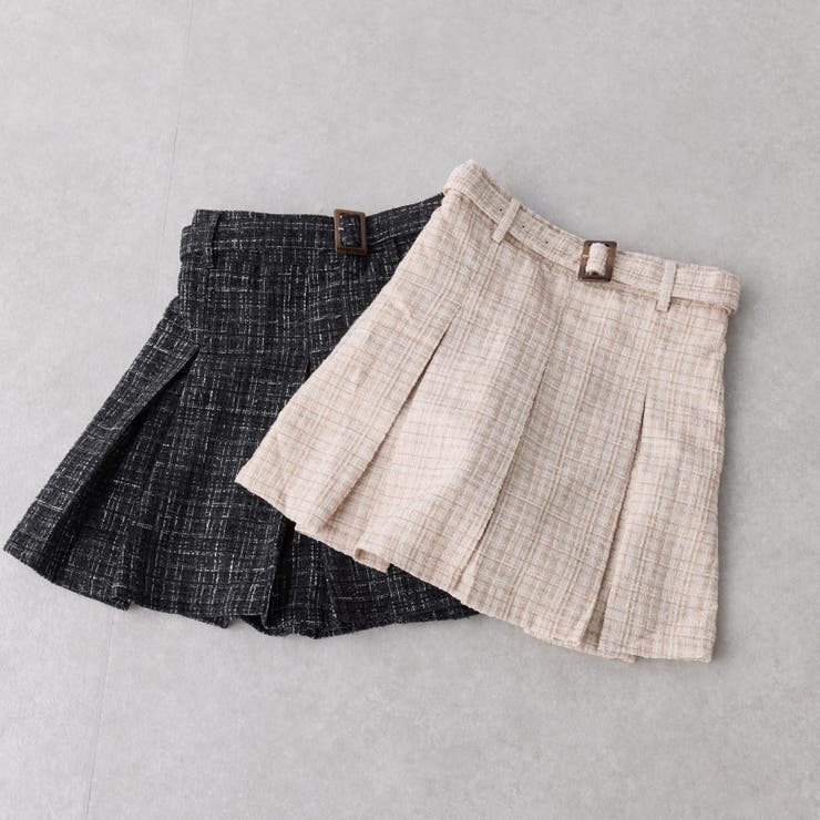 ALEXANDER McQUEEN　ツイード ラッププリーツスカート 牛革ベルト ベルト | レザー＆スタッド