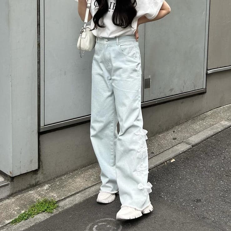 新品 ナイスクラップ バックリボン ハイウエスト デニム パンツ 新作 セール】バックリボンデニムパンツ（デニムパンツ）｜one after