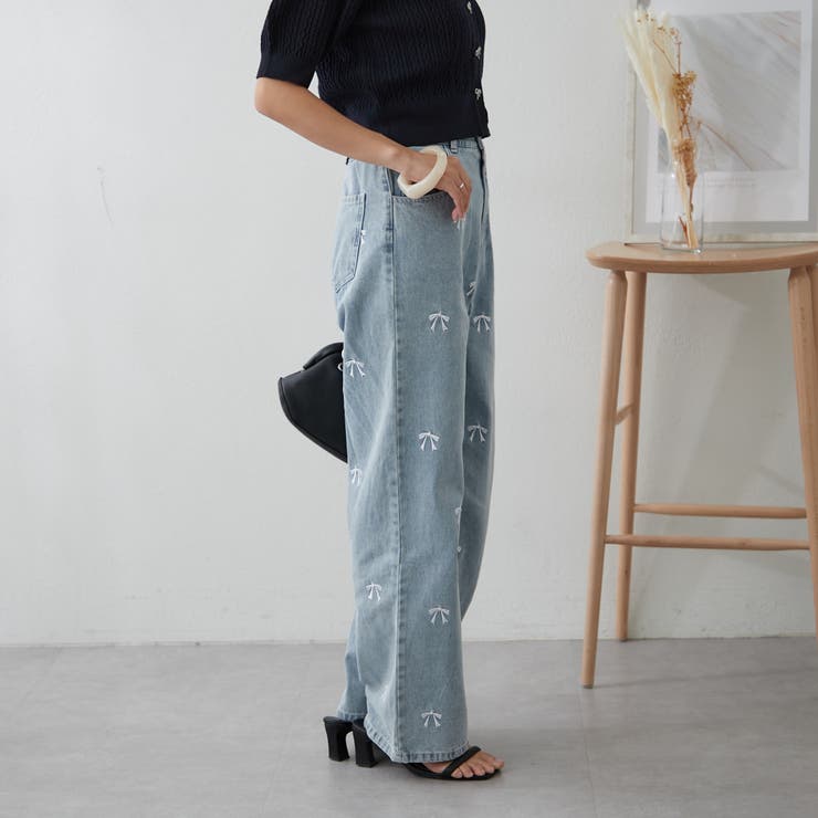 韓国っぽ、リボン刺繍デニムパンツ[品番：NCLW0013573]｜NICE CLAUP 