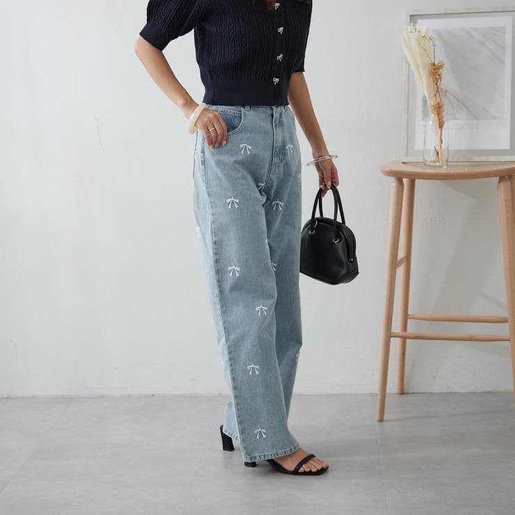 韓国っぽ、リボン刺繍デニムパンツ[品番：NCLW0013573]｜NICE