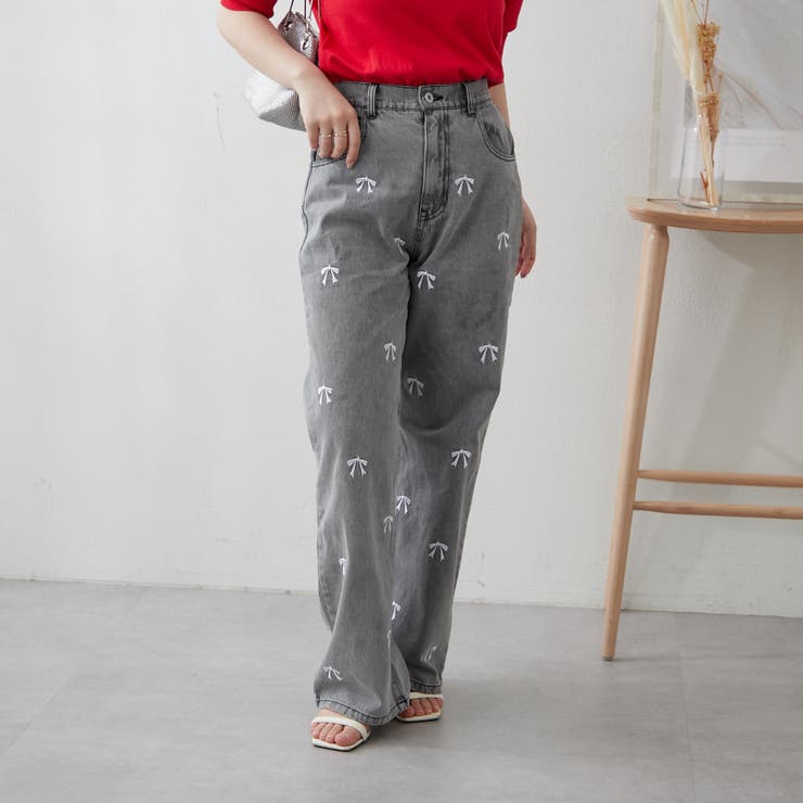 韓国っぽ、リボン刺繍デニムパンツ[品番：NCLW0013573]｜NICE CLAUP