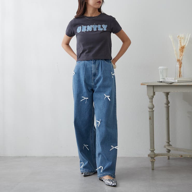 リボン付デニムワイドパンツ[品番：NCLW0013574]｜NICE CLAUP / OLIVE