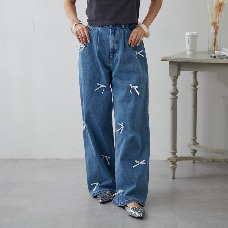 リボン付デニムワイドパンツ[品番：NCLW0013574]｜NICE CLAUP / OLIVE