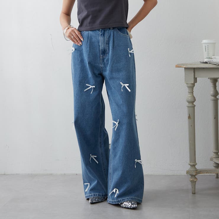 リボン付デニムワイドパンツ[品番：NCLW0013574]｜NICE CLAUP