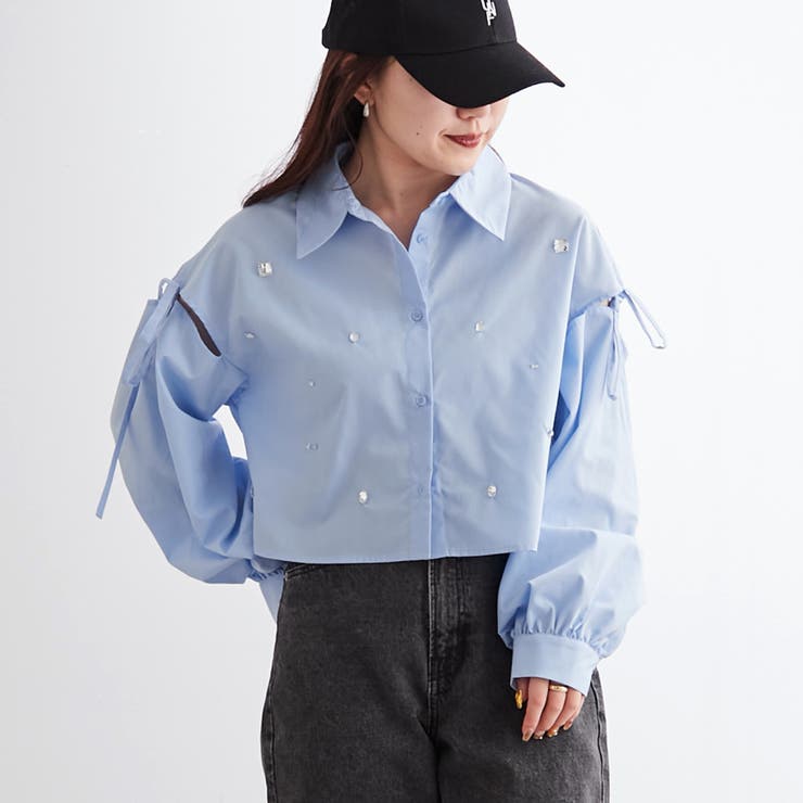袖リボンビジュー付シャツ[品番：NCLW0012325]｜NICE CLAUP / OLIVE
