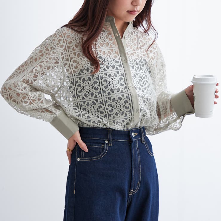 スタンドカラーレースシャツ[品番：NCLW0012327]｜NICE CLAUP / OLIVE