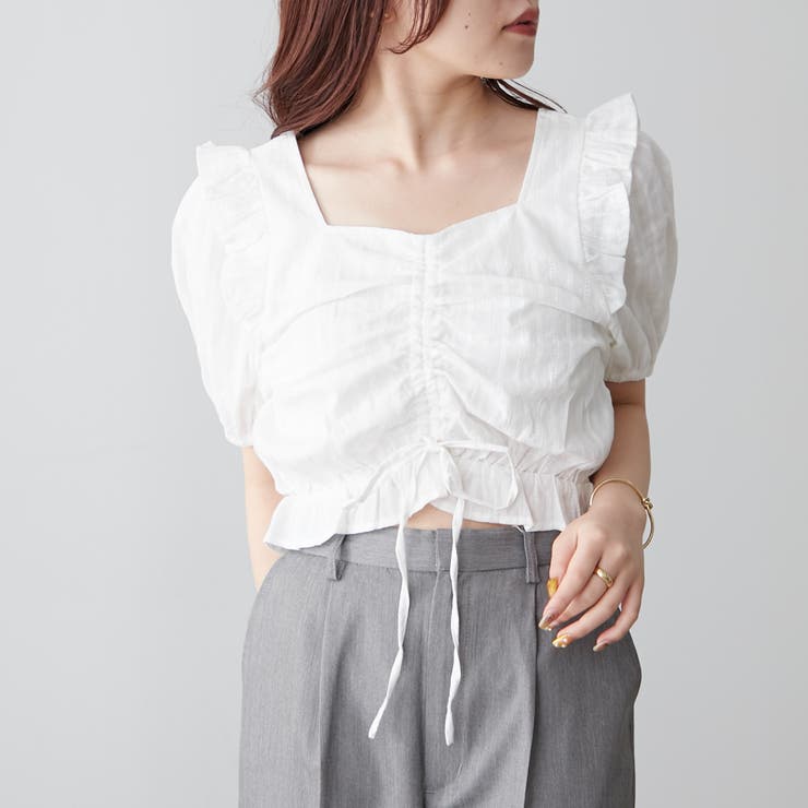 5分袖クシュクシュブラウス[品番：NCLW0012484]｜NICE CLAUP / OLIVE
