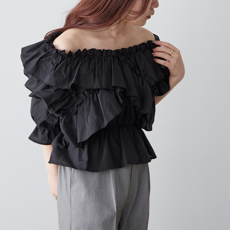 5分袖クロスフリルブラウス[品番：NCLW0012485]｜NICE CLAUP / OLIVE