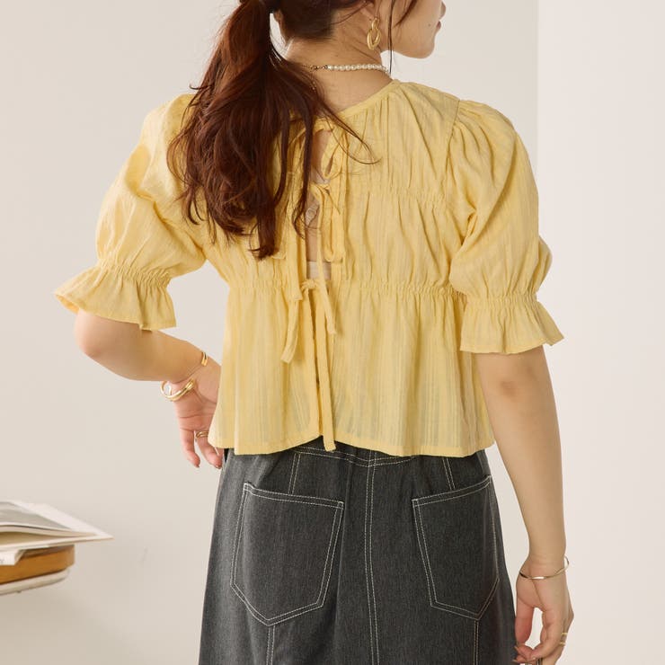 5分袖シャーリングブラウス[品番：NCLW0013196]｜NICE CLAUP / OLIVE