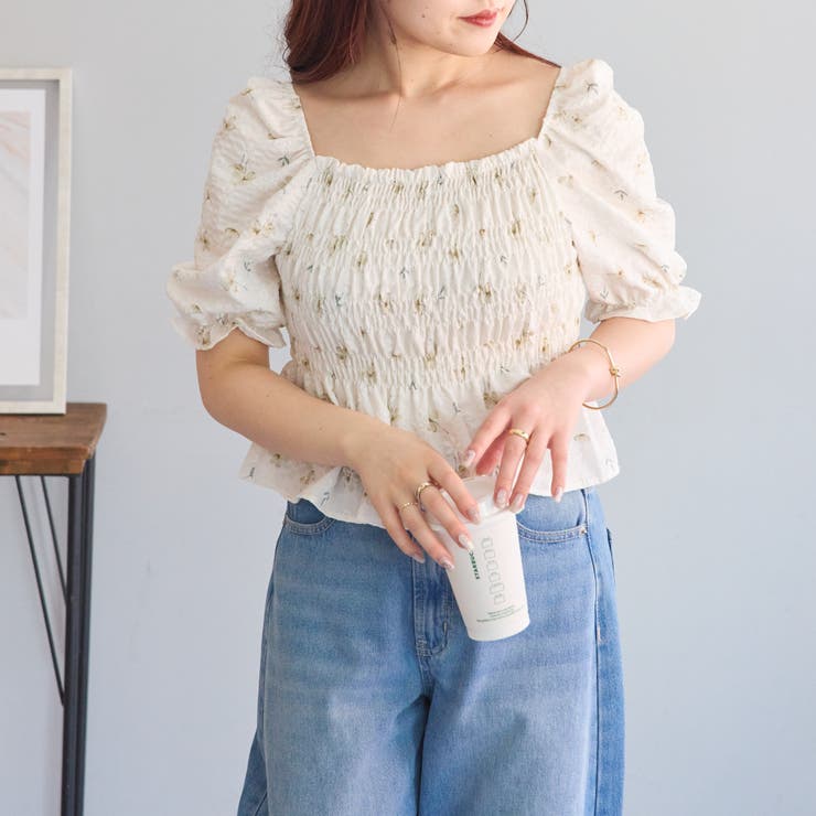 花柄スクエアブラウス[品番：NCLW0012832]｜NICE CLAUP / OLIVE