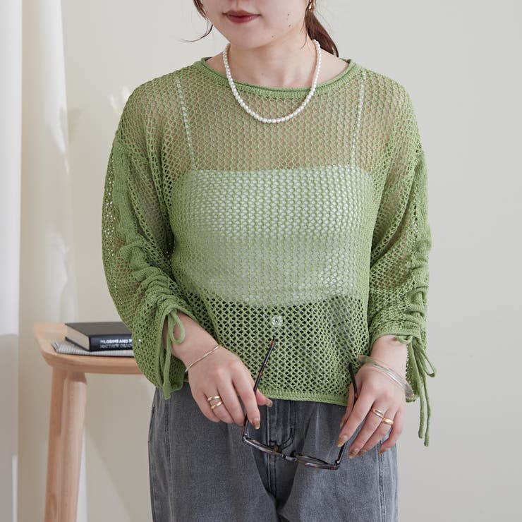 グリーン | 新色追加、袖ドロストメッシュプルオーバー | NICE CLAUP / OLIVE des OLIVE　OUTLET