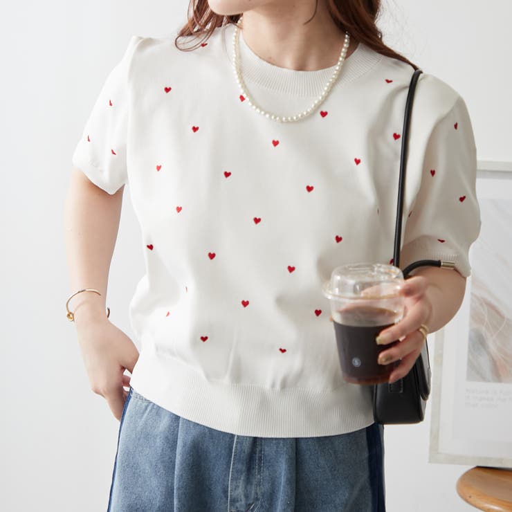ハート刺繍 半袖カーディガン アイボリー clear（クリア）の「ハート刺繍半袖ニットカーディガン≪2024SS