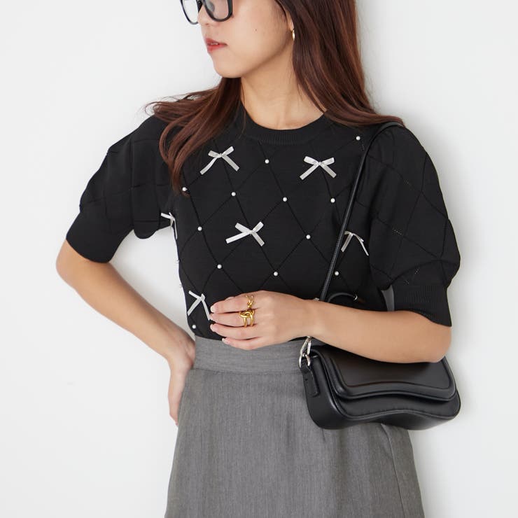 韓国っぽ、パール×リボンニット[品番：NCLW0012985]｜NICE CLAUP