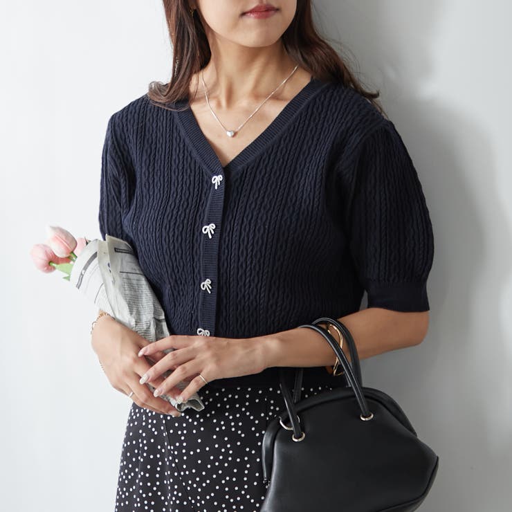 ネイビー | ビジューリボンカーディガン | NICE CLAUP / OLIVE des OLIVE　OUTLET