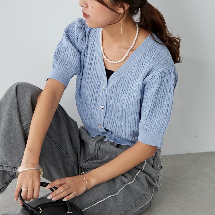 サックス | ビジューリボンカーディガン | NICE CLAUP / OLIVE des OLIVE　OUTLET
