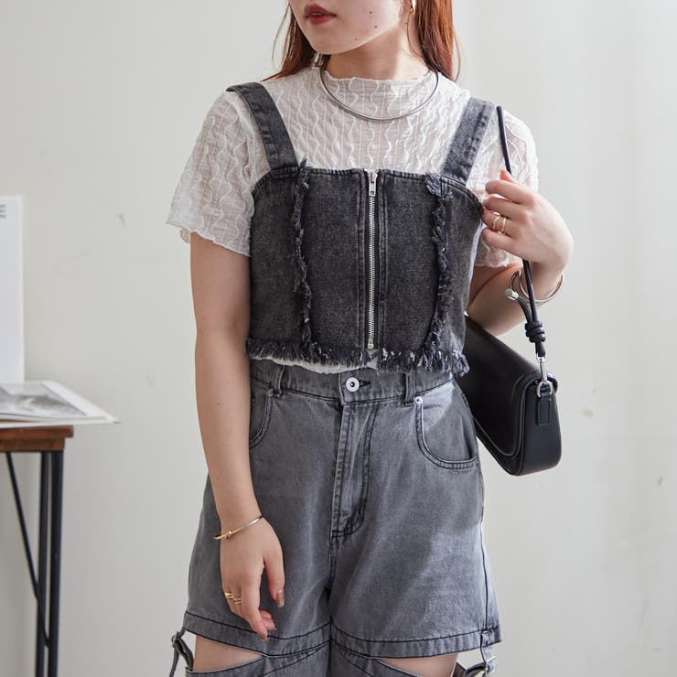 2枚SET】フリンジデニムビスチェ×シアートップス[品番