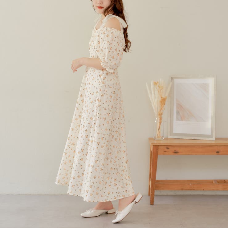 ラパフェ　花柄リボンワンピース 花柄肩リボンワンピース[品番：NCLW0012950]｜NICE CLAUP