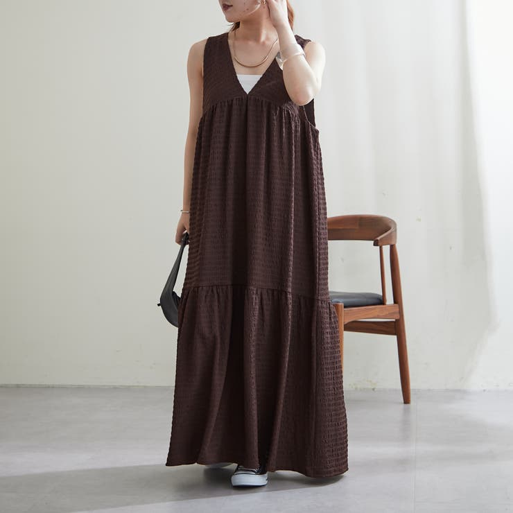 【かいじゅうママさん専用】ANAYI リーフ楊柳幾何Ｖネックフレア ワンピ36号 Vネック楊柳ノースリワンピース[品番：NCLW0013343]｜NICE CLAUP