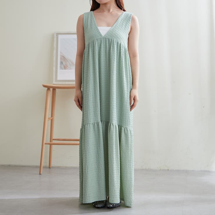 Vネック楊柳ノースリワンピース[品番：NCLW0013343]｜NICE CLAUP