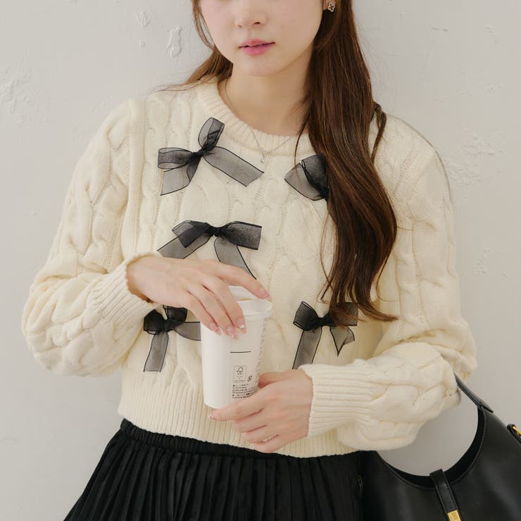 リボン付ケーブルニット[品番：NCLW0014836]｜NICE CLAUP / OLIVE des
