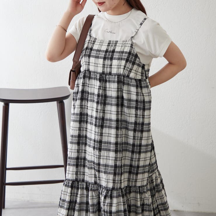 ネクタイティアードワンピース チェック BUBBLES】ネクタイティアード