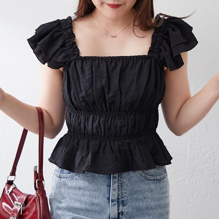 美品＊CLANE クラネ リネン混シャーリングフリルカラーブラウス 2 黒 半袖 BIG COLLAR DRAWSTRING BLOUSE（シャツ/ブラウス）｜CLANE